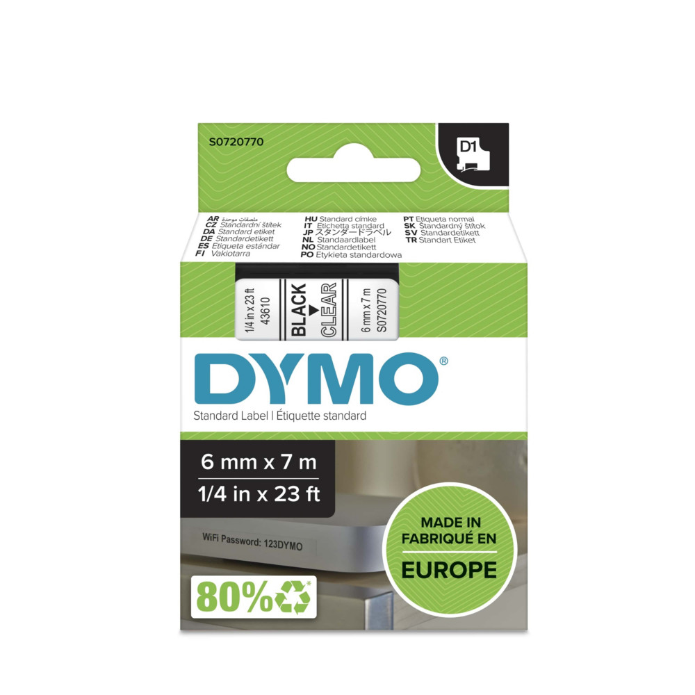 Dymo Ruban D1 S0720770 pour tiqueteuse - 6 mm x 7 m - Noir sur Transparent