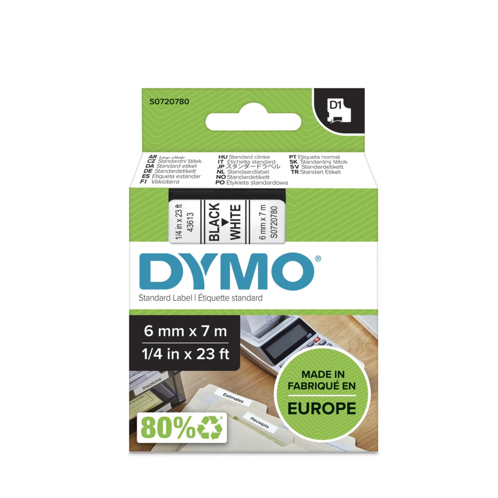 Dymo Ruban D1 S0720780 pour tiqueteuse - 6 mm x 7 m - Noir sur Blanc