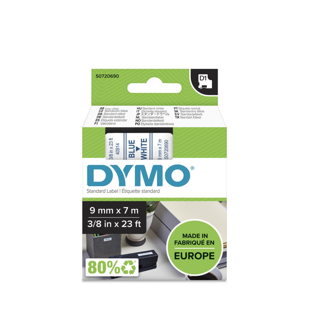 Dymo Ruban D1 S0720690 pour tiqueteuse - 9 mm x 7 m - Bleu sur Blanc