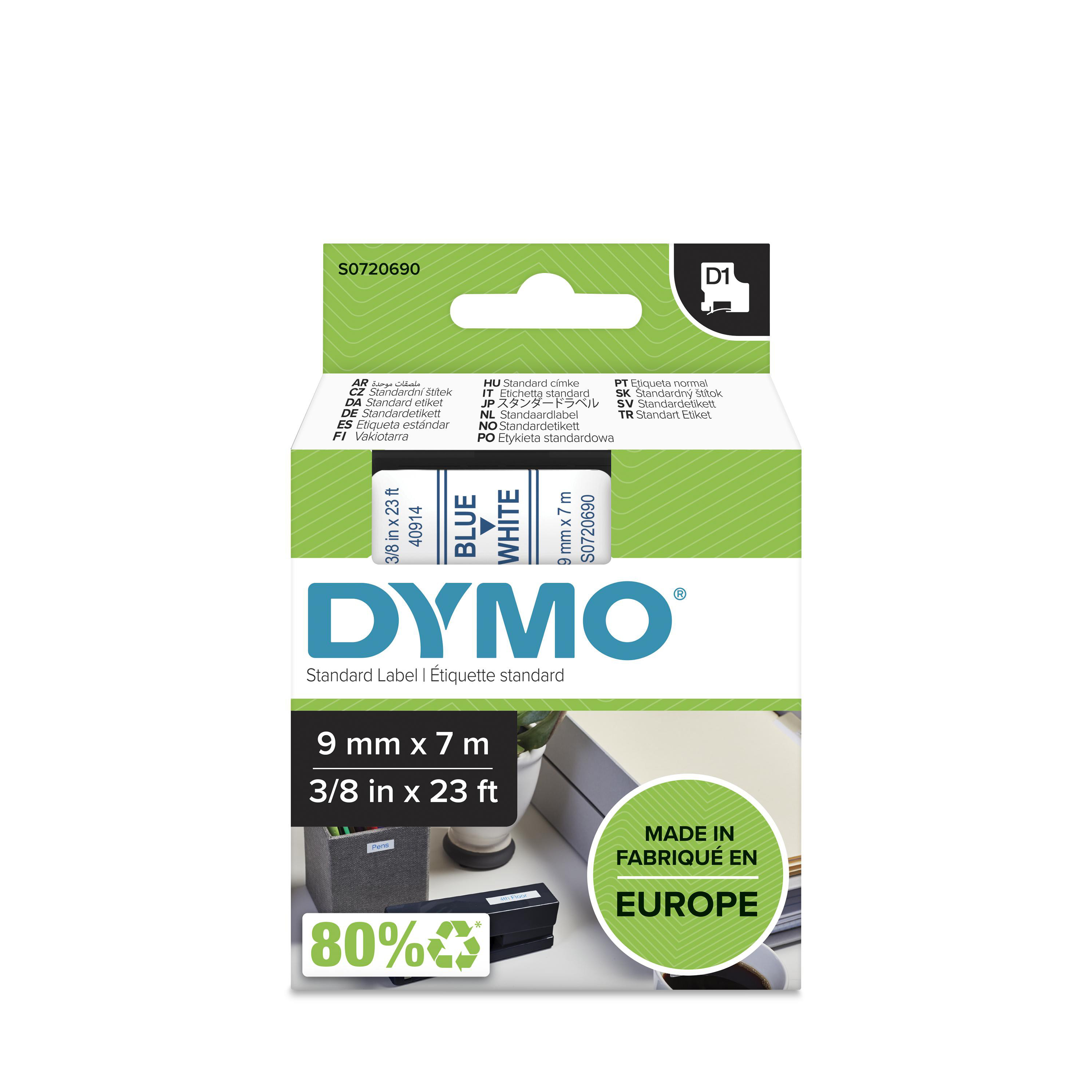 Dymo Ruban D1 S0720690 pour étiqueteuse - 9 mm x 7 m - Bleu sur Blanc
