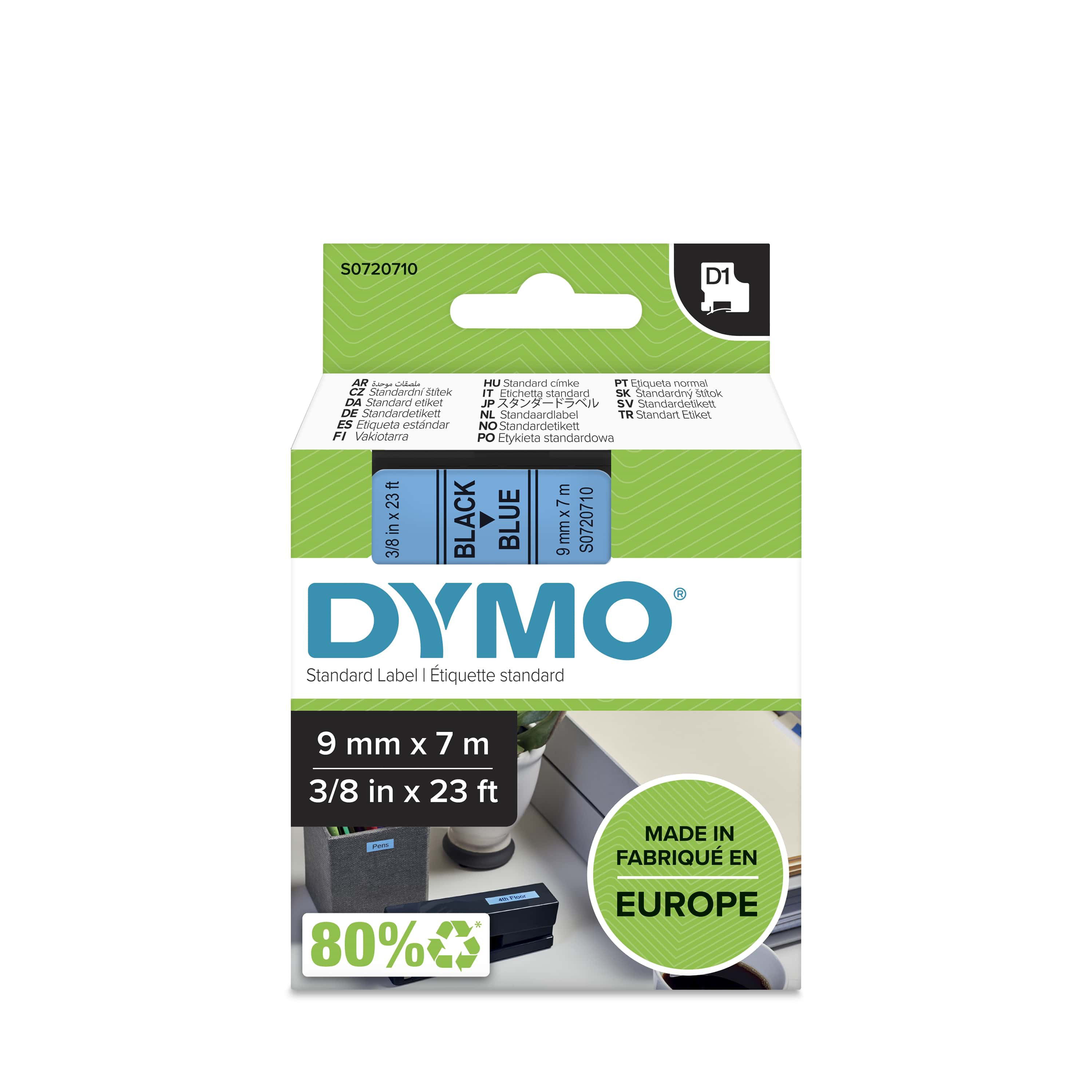 Dymo Ruban D1 S0720710 pour étiqueteuse - 9 mm x 7 m - Noir sur Bleu