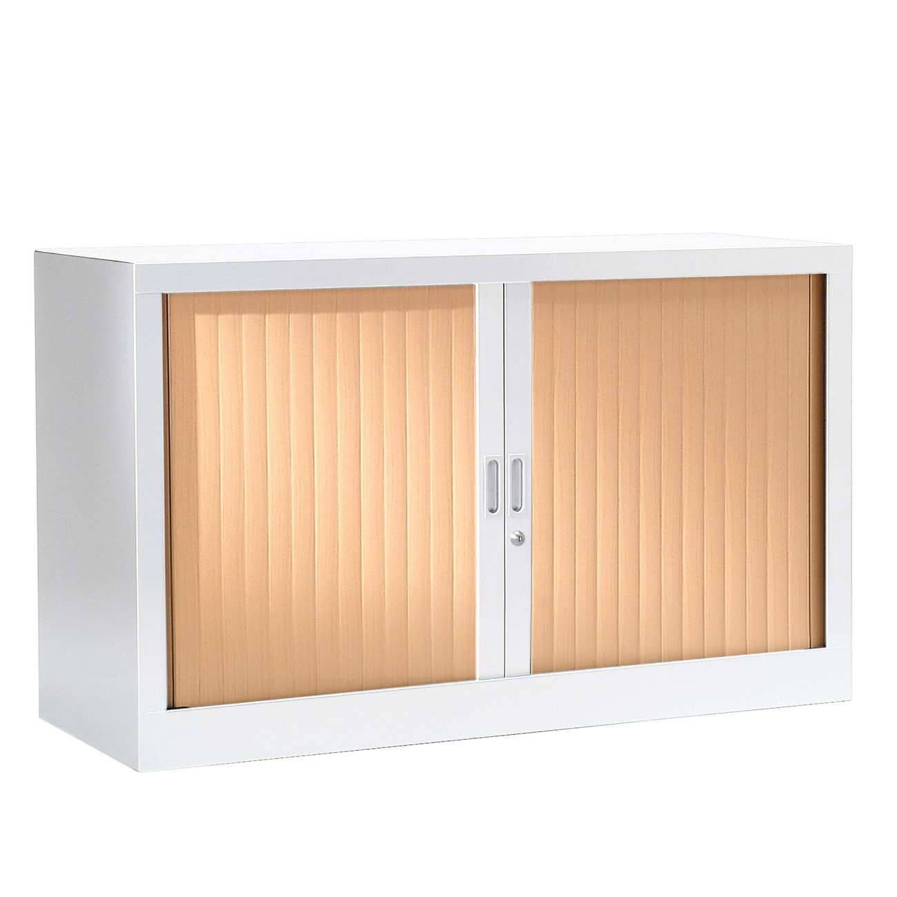 Armoire à rideaux métal monobloc Généric - H.69,5 x L.120 cm - Corps Blanc - Rideaux Hêtre