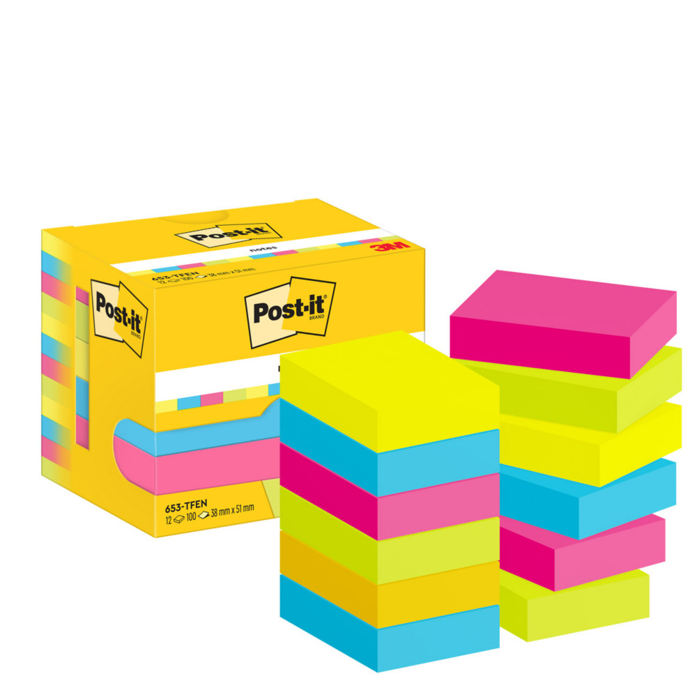 Post-it Notes repositionnables Energtic 38 x 51 mm - Coloris assortis - lot de 12 blocs de 100 feuilles