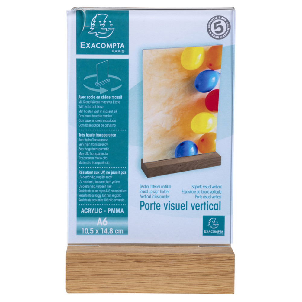 Exacompta Prsentoir de document vertical A6 Cristal avec socle en bois - Transparent