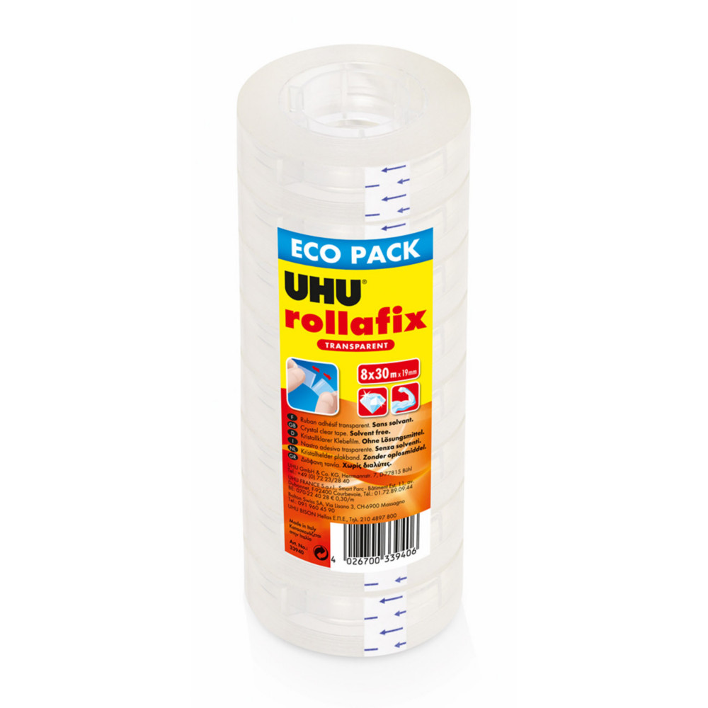 UHU Rollafix Ruban adhsif transparent l.19mm x L30m - Tour de 8 rouleaux