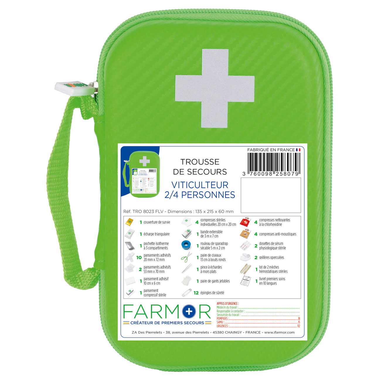 Farmor Trousses de secours Viticulteur 2 à 4 personnes - Malette semi-rigide imperméable Verte - Lot de 10