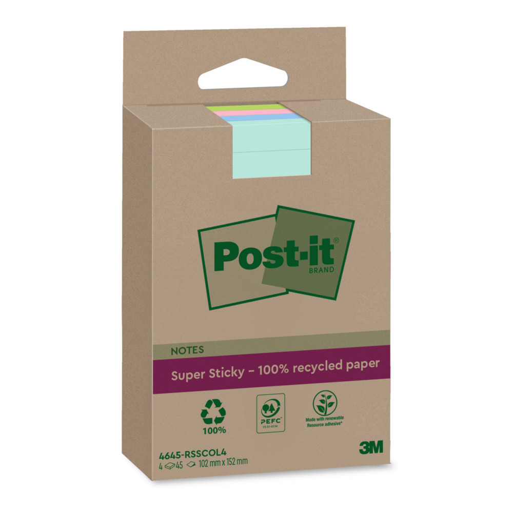 Post-it Bloc de notes Super Sticky Recycles Lignes 102 x 152 mm Couleur assorties - Lot de 4 blocs de 45 Feuilles
