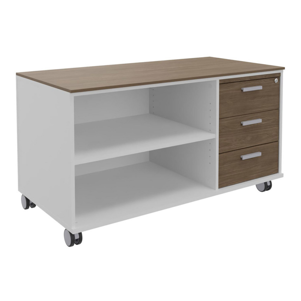 Meuble bas console mobile sur roulettes Rha - L. 120 x P. 60 x H. 66 cm - 3 tiroirs - Corps Blanc - Tiroirs Noyer