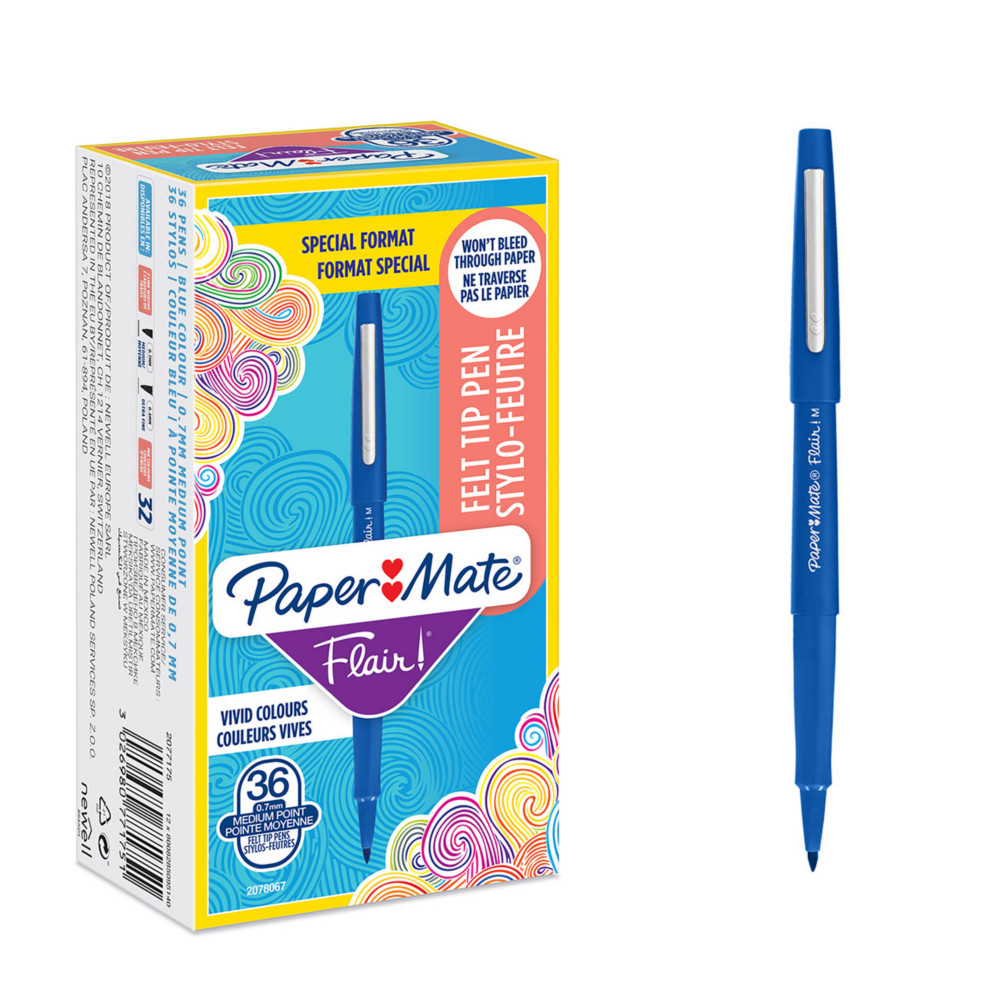 Paper Mate Flair Original Stylo feutre  capuchon pointe moyenne 1 mm - Bleu - Pack de 30 + 6 OFFERTS