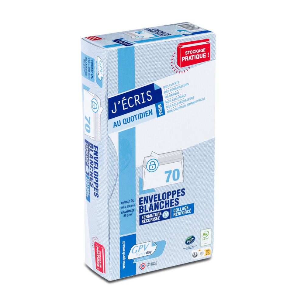 GPV Enveloppe DL 110 x 220 mm 80g sans fentre - autocollante bande protectrice - Lot de 70