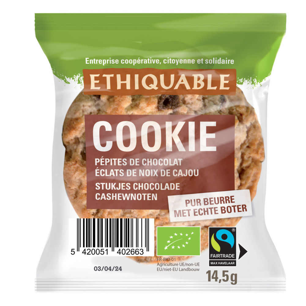 Ethiquable Cookies bio avec des ppites de chocolat et clats de noix de cajou - Lot de 90 sachets individuels de 14,5 g