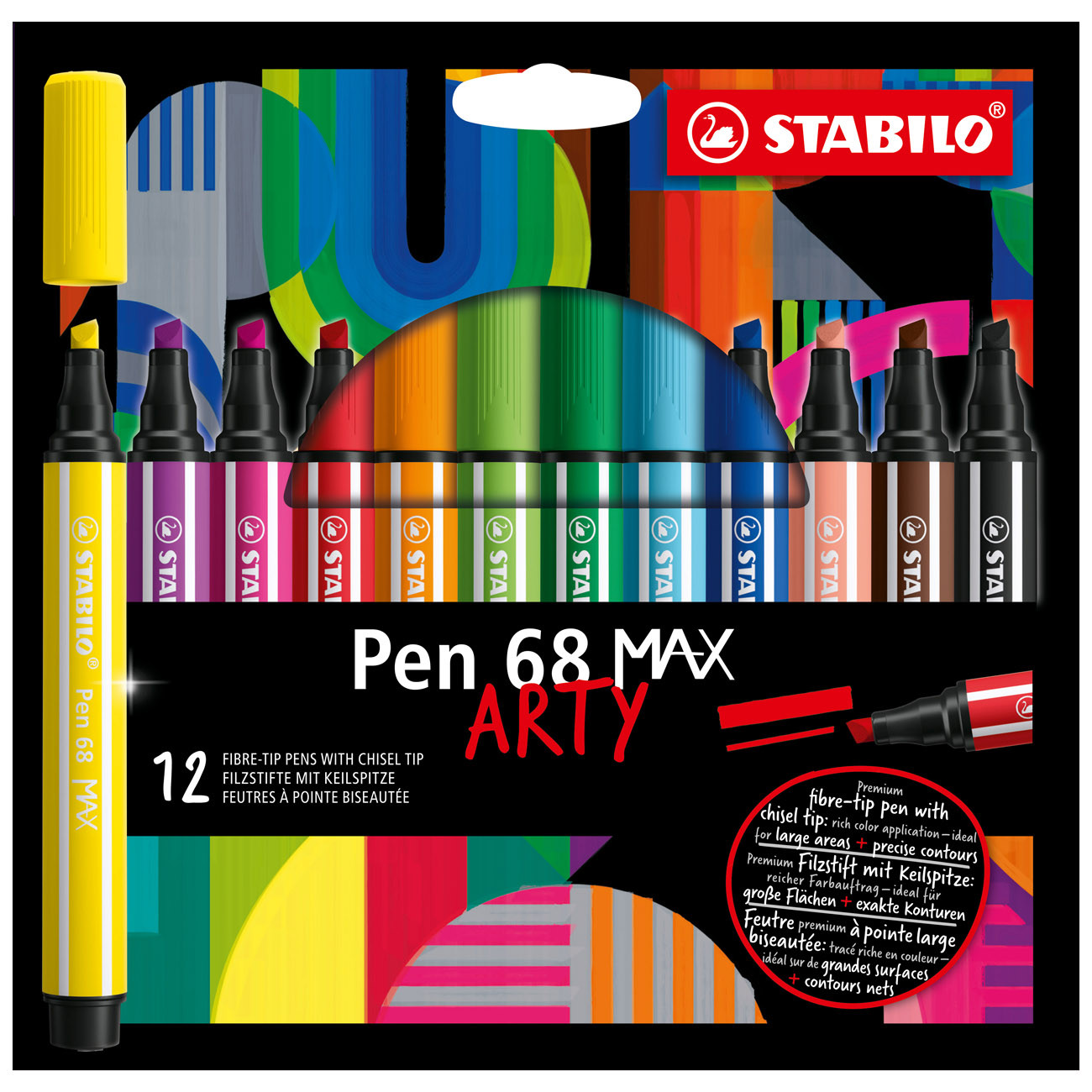 STABILO Feutres de dessin Pen 68 Max Arty pointe large biseauté - Pochette de 12 coloris assortis