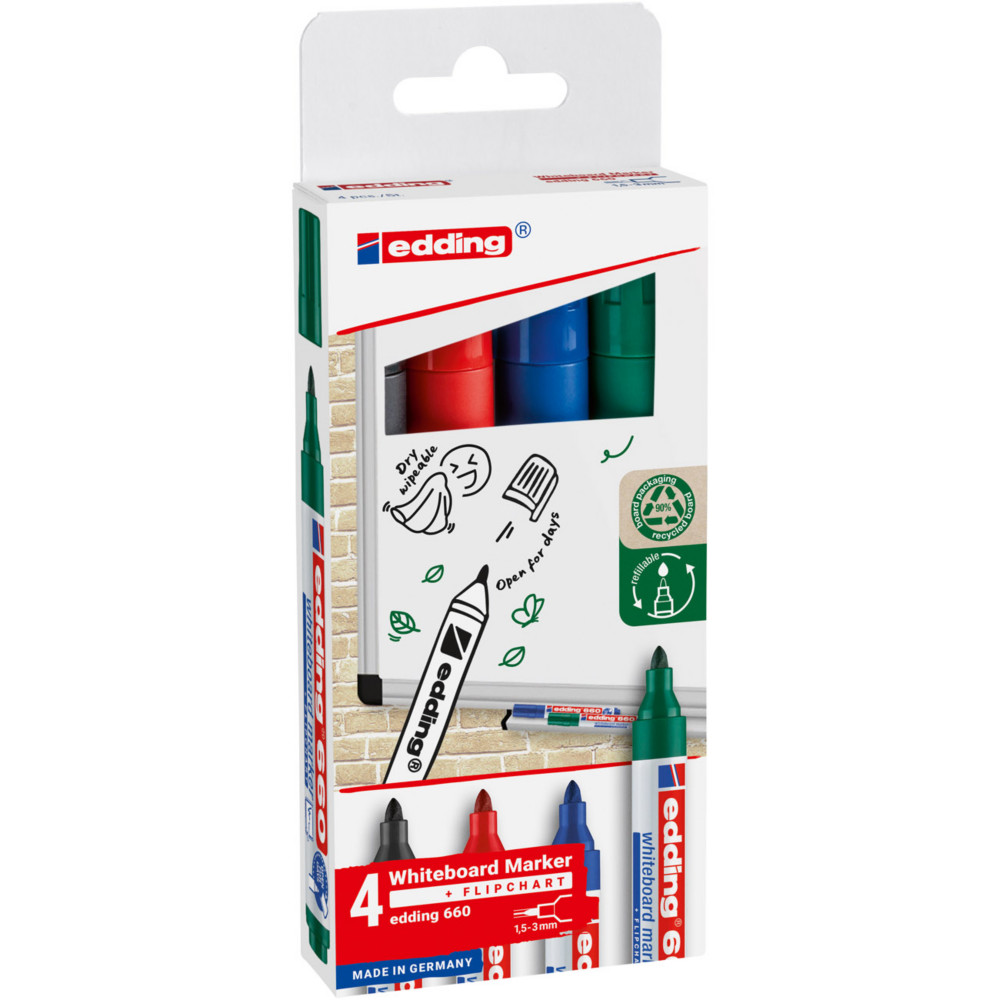edding 660 Marqueur effaable tableau blanc pointe ogive 1,5 - 3 mm - Pochette 4 couleurs (noir, bleu, rouge, vert)