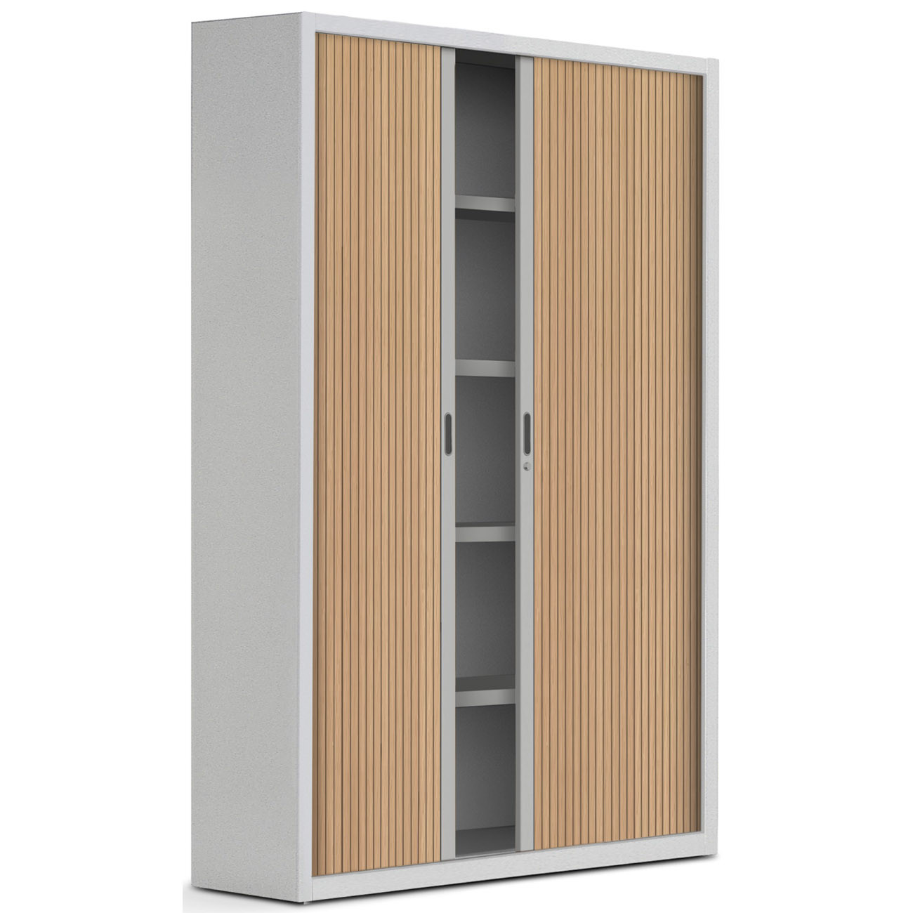 Armoire+à+rideaux+metal+Officlass+2+-+H.200+x+L.120+cm+-+4+Tablettes+-+Corps+Gris+-+Rideaux+Hetre