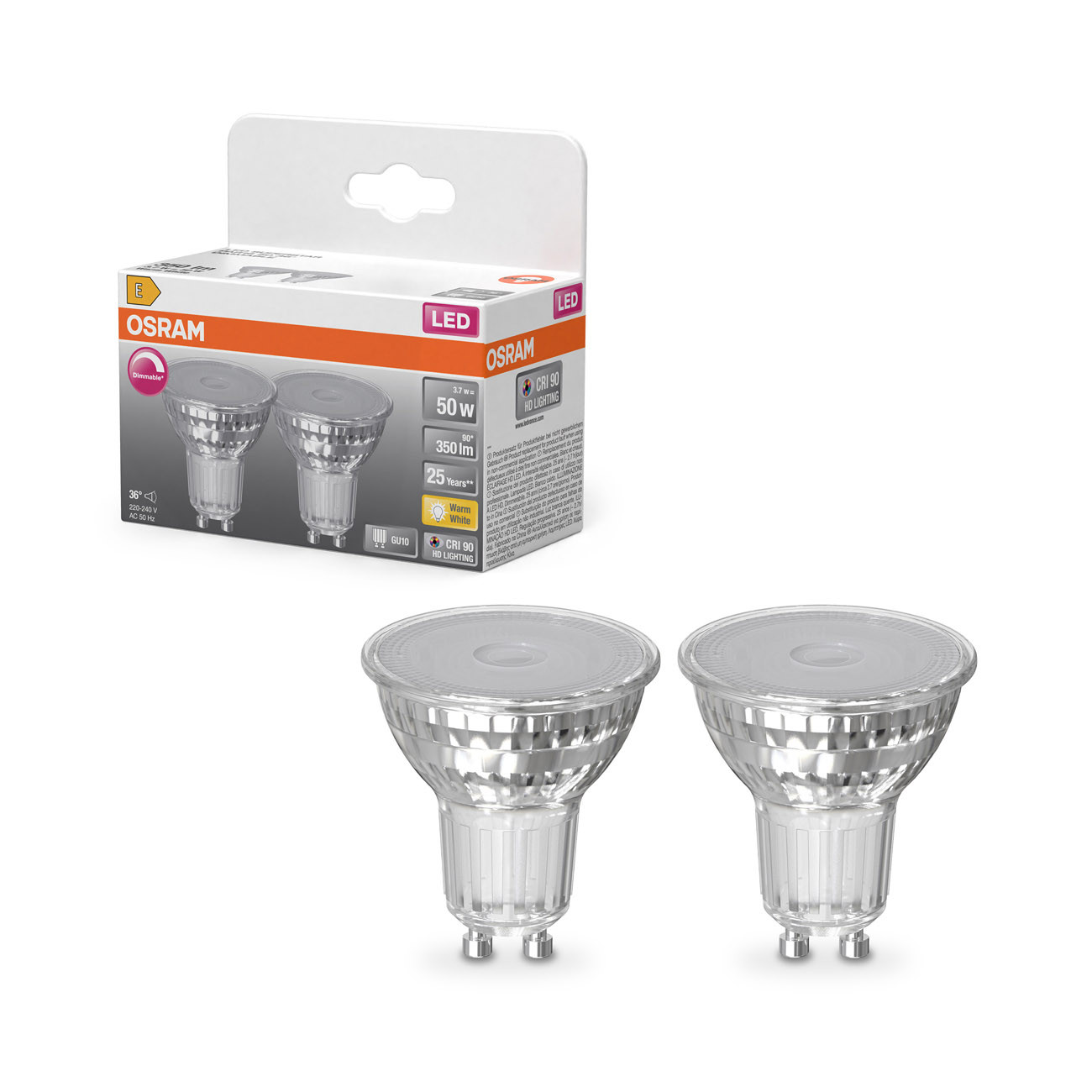 Osram Spot LED 3,7 W GU10 Blanc chaud - 350 lm - Equivaut 50 W - Boîte de 2