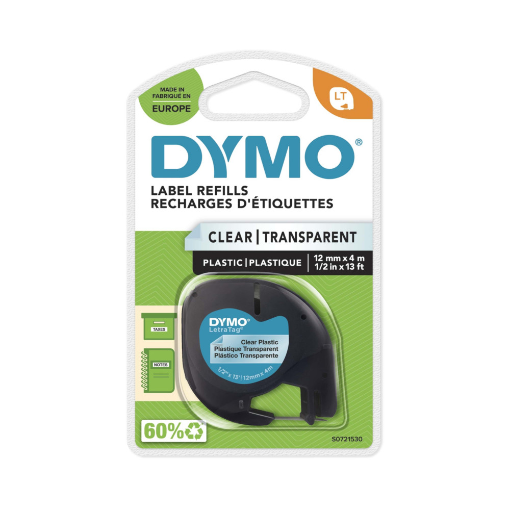 Dymo Ruban LT S0721530 plastique LetraTag - 12 mm x 4 m - Noir sur Transparent