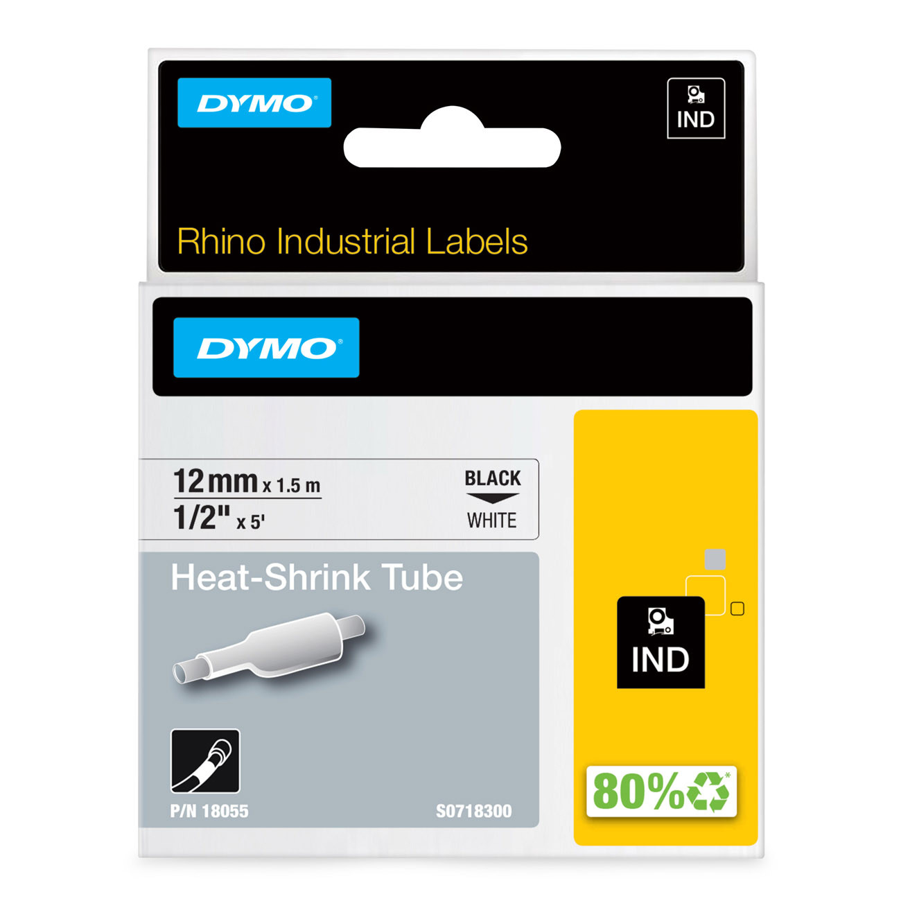 Dymo Ruban thermorétractable 18055 Rhino - 12 mm x 1,5 m - Noir sur Blanc