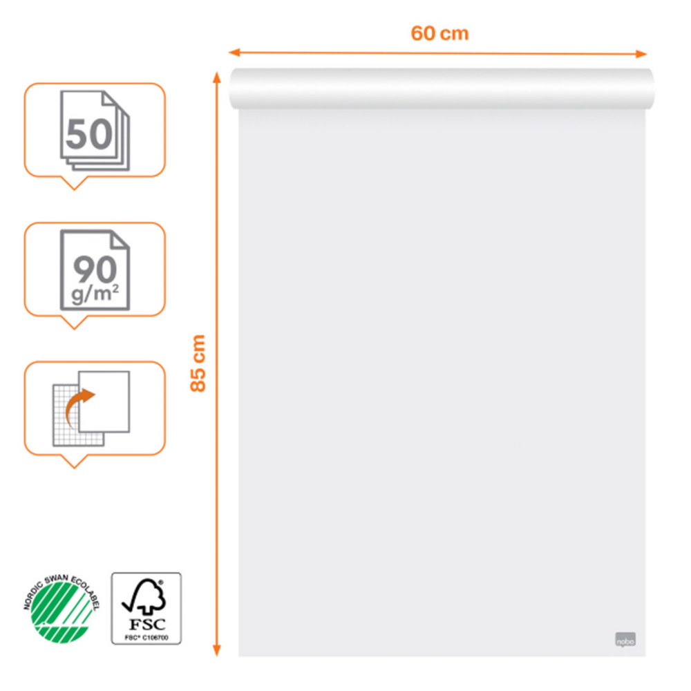 Nobo Recharge chevalet papier blanc 90g - 1 face uni / 1 face quadrill - L.60 x H.85 cm - Bloc 50 feuilles
