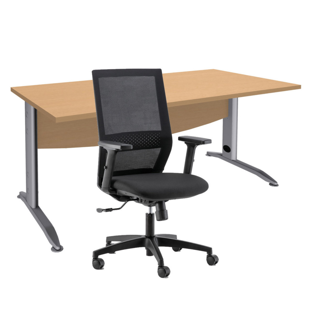 Pack Bureau droit Activity Mtal L.160 x P.80 cm Plateau Htre - Pieds L Aluminium + Sige Tho maille / Tissu Noir