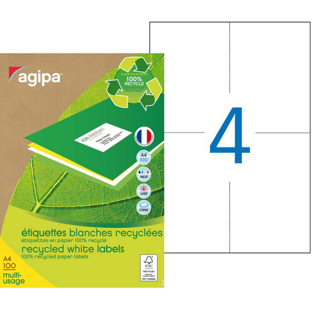 AGIPA 101193 Etiquettes blanches recycles multi-usage 105 x 148,5 mm - Bote de 400