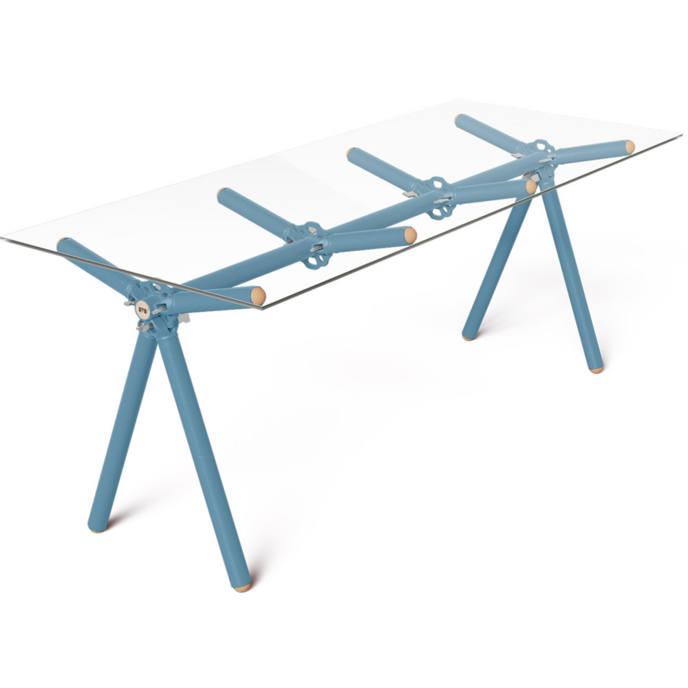 Table haute Xylan 8 personnes L. 200 x l. 80 x H. 74 cm - Plateau en verre - Structure et pieds bleu