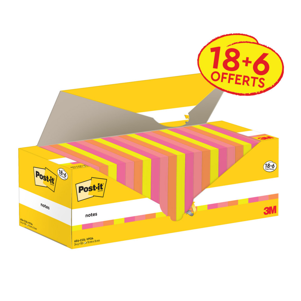 Post-it Notes repositionnables 76 x 76 mm - Couleurs assorties - Pack 18 blocs de 100 feuilles + 6 gratuits