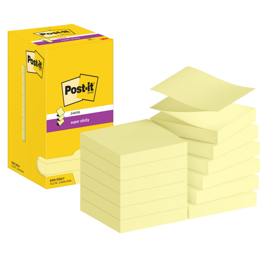 Post-it Notes Repositionnables Z-Notes Super Sticky carres Jaune 76 x 76 mm - lot de 12 blocs de 90 feuilles