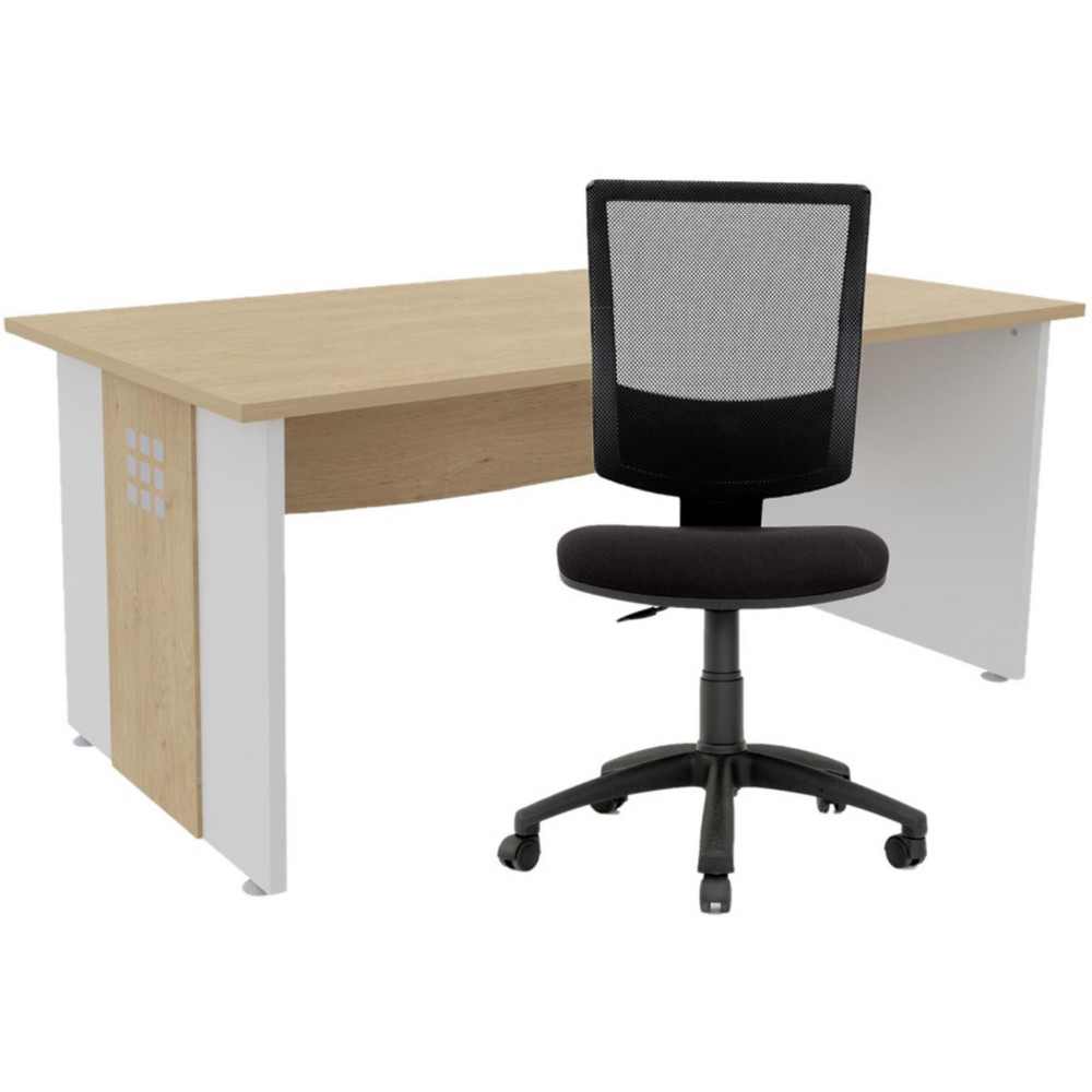 Pack bureau droit Axiome L.140 cm Plateau Chne Pieds panneaux Blanc + Sige Jenny maille/tissu Noir