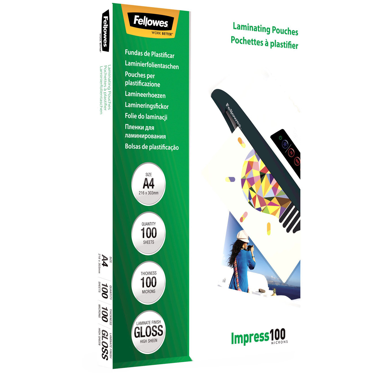 Fellowes Pochettes de plastification Impress A4 - Épaisseur : 100 microns par face - Boîte de 100