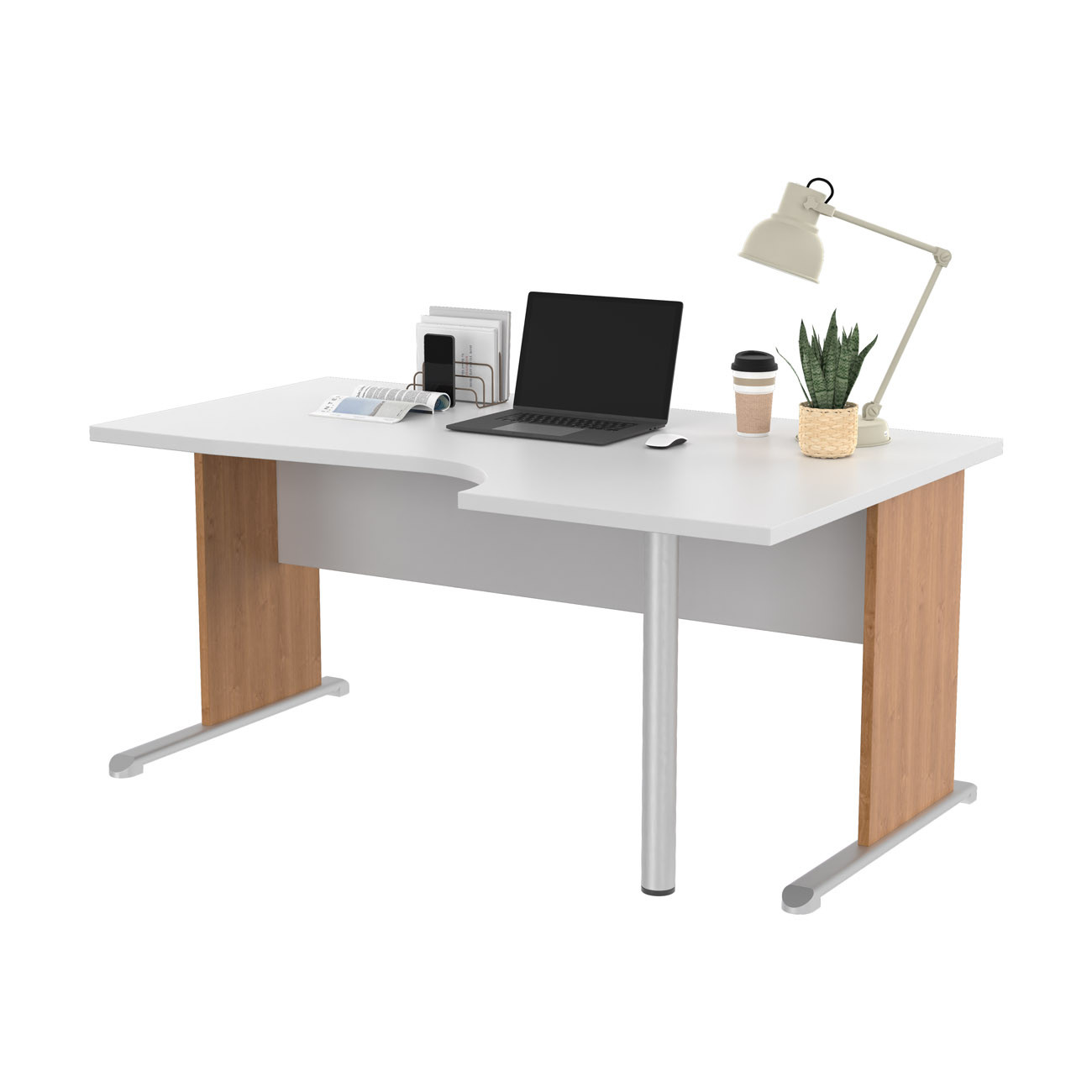 Bureau d'angle compact retour à droite Pronto Bois - L.160 x P.100 cm - Plateau Blanc - Pieds L Aulne