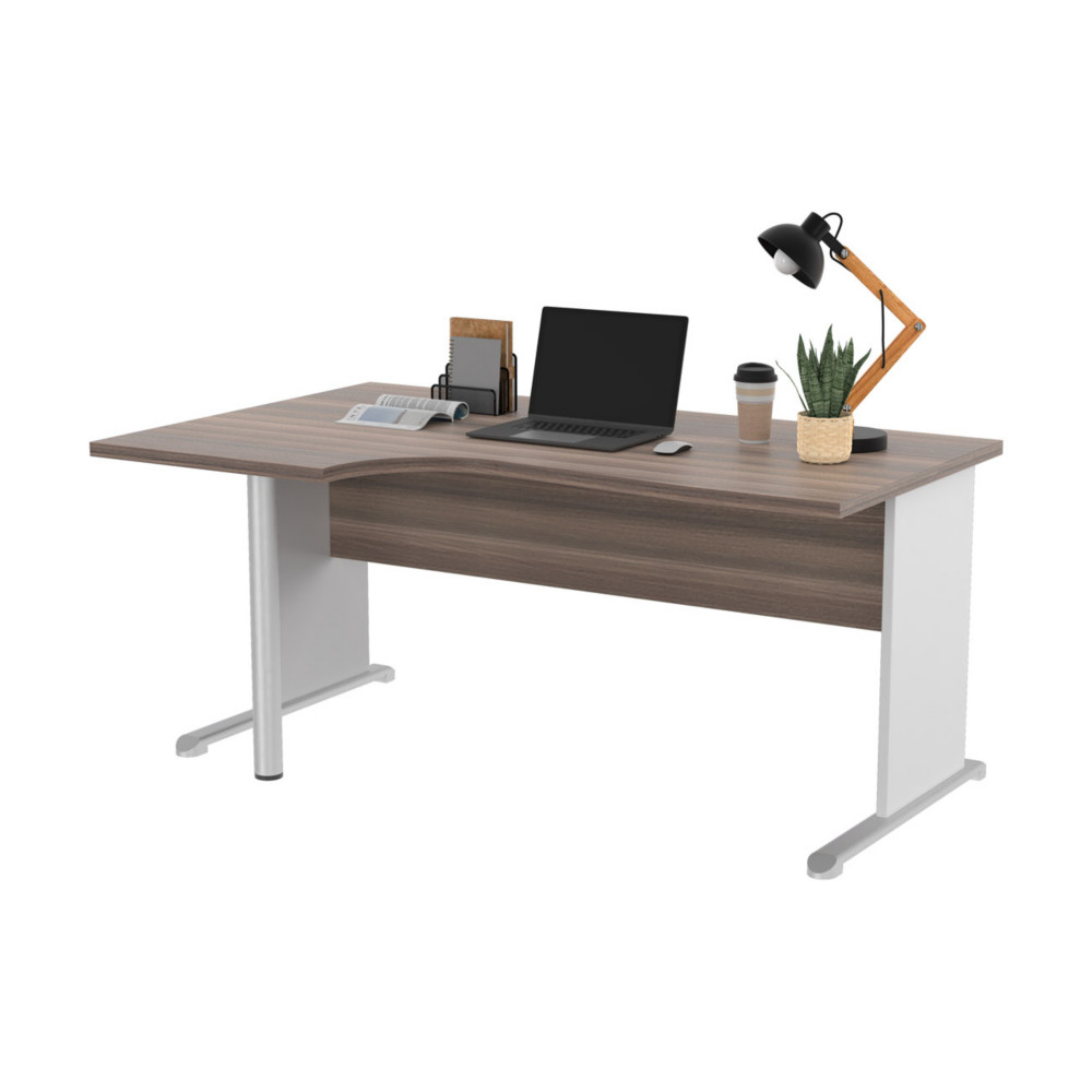 Bureau d'angle compact retour  gauche Pronto Bois - L.160 x P.100 cm - Plateau Cendre - Pieds L Blanc