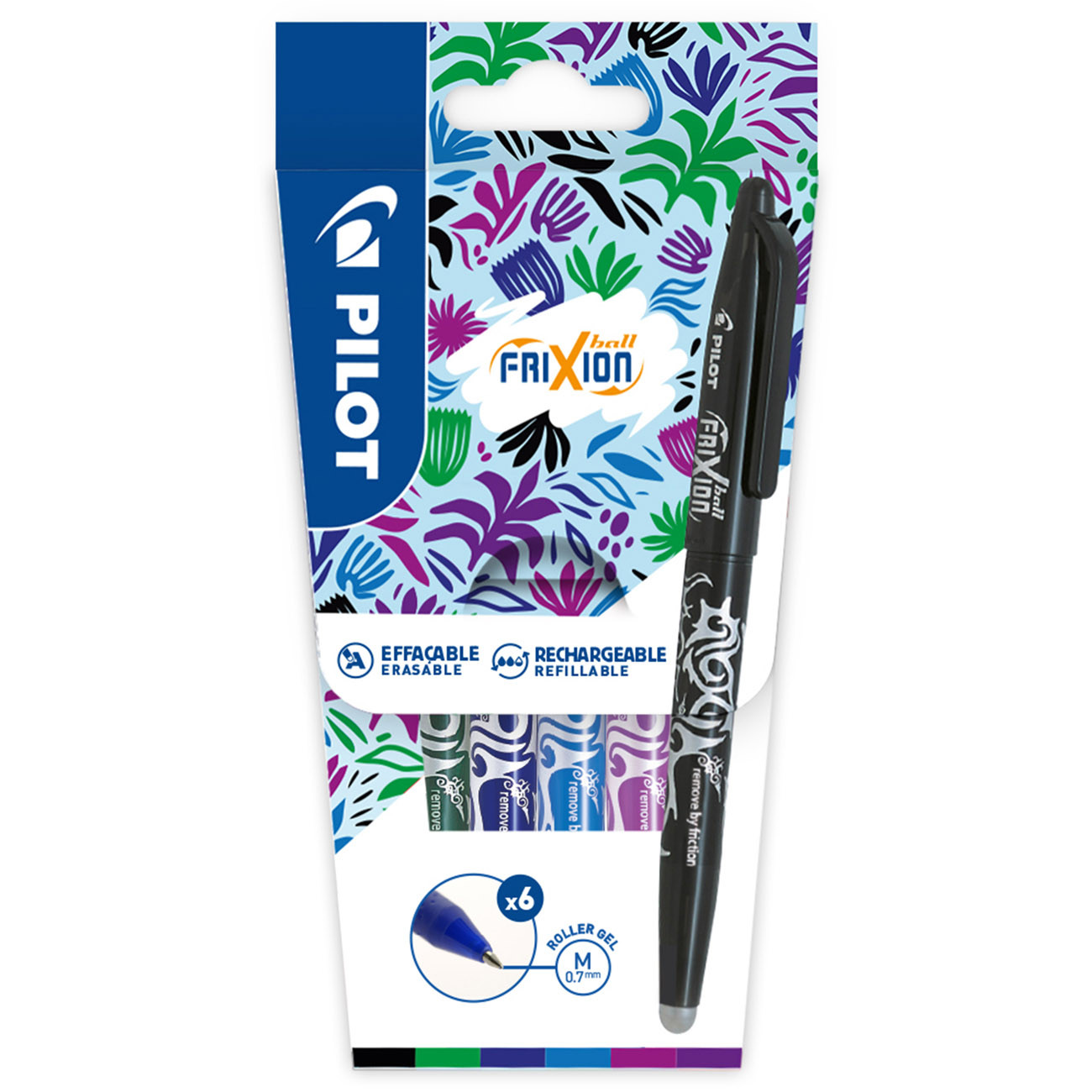 Pilot FriXion Ball roller encre gel effaçable pointe moyenne 0,7 mm - Pochette de 6 couleurs assorties tons froids