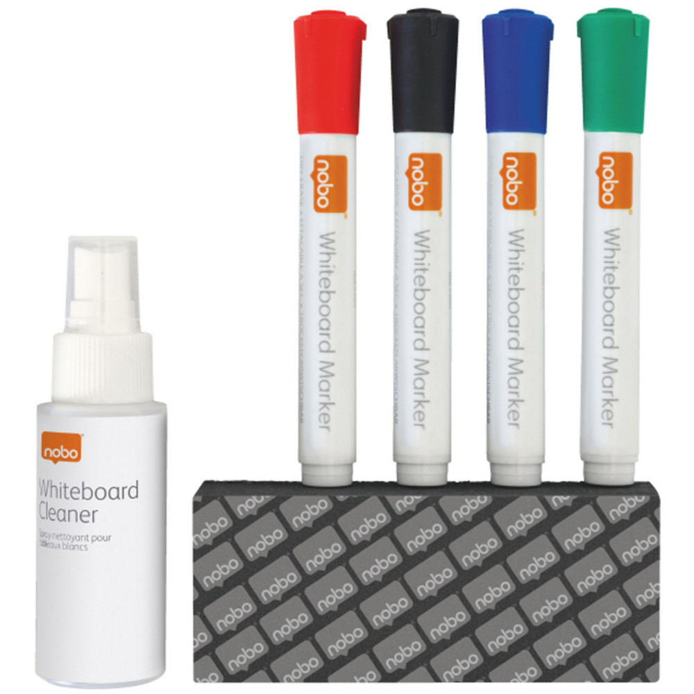 Nobo Kit de nettoyage pour tableau blanc - 50ml + 4 marqueurs assortis