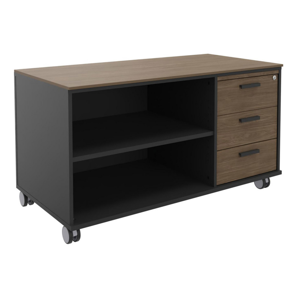 Meuble bas console mobile sur roulettes Rha - L. 120 x P. 60 x H. 66 cm - 3 tiroirs - Corps Carbone - Tiroirs Noyer