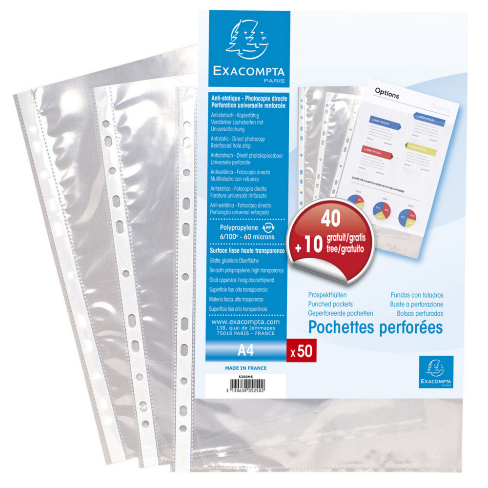 Exacompta Pochettes perfores transparentes A4 polypropylne 5/100e lisses cristal - Lot de 50