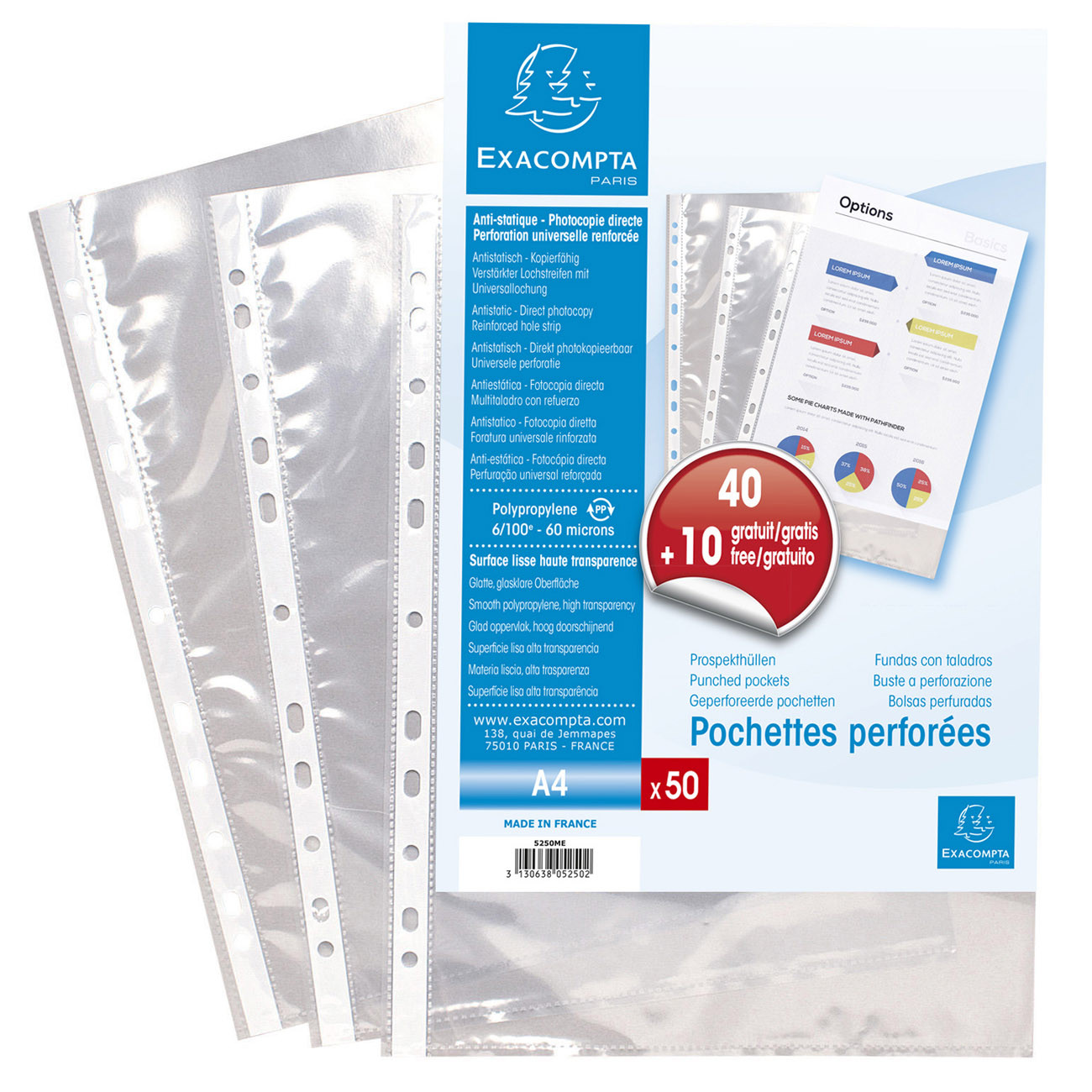 Exacompta Pochettes perforées transparentes A4 polypropylène 5/100e lisses cristal - Lot de 50