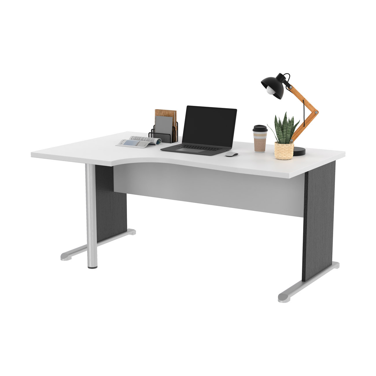 Bureau d'angle compact retour à gauche Pronto Bois - L.160 x P.100 cm - Plateau Blanc - Pieds L Noir