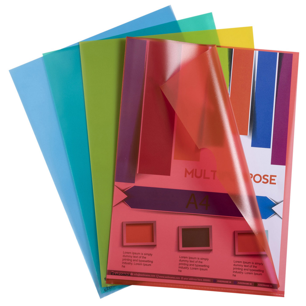 Exacompta Pochette coin A4 polypropylne grain 12/100e - 4 coloris transparents assortis - lot de 100