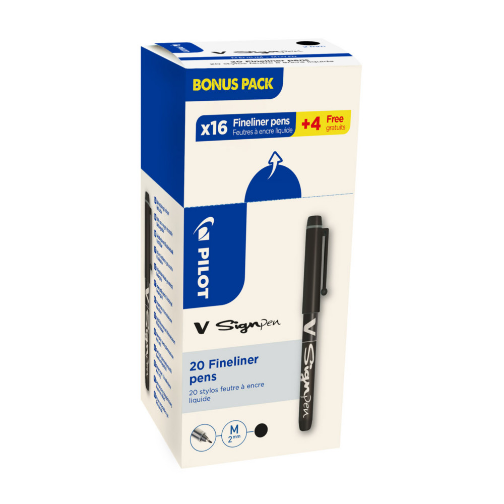 Pilot V-Sign Pen Stylo feutre  capuchon pointe moyenne 2 mm - Noir - Lot de 16 + 4 OFFERTS