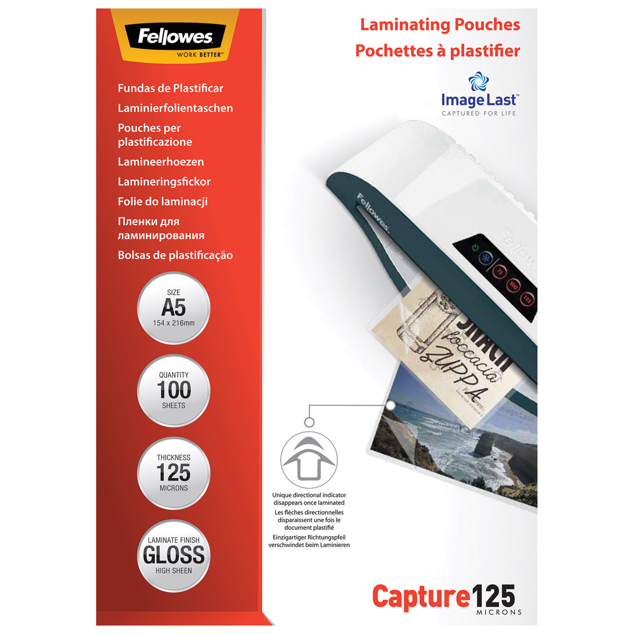 Fellowes Pochettes de plastification ImageLast A5 Epaisseur : 125 microns par face Boîte de 100