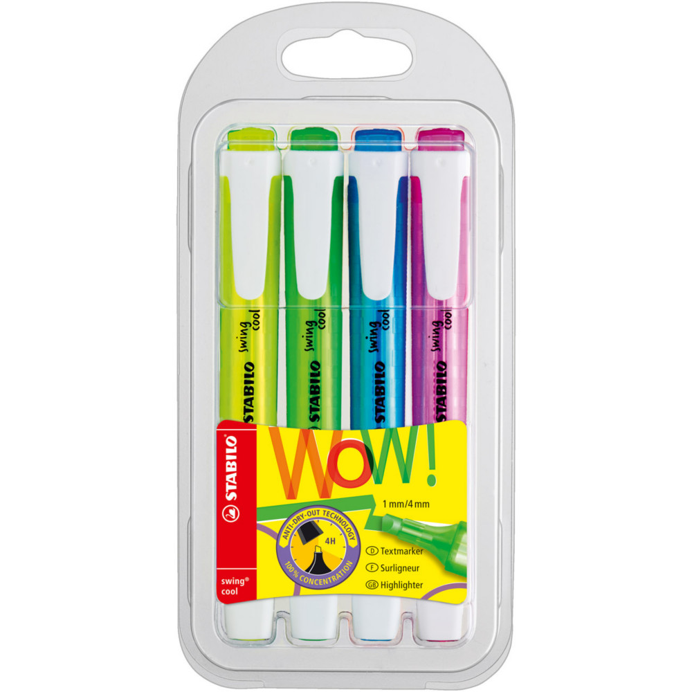 STABILO swingcool Surligneurspointe biseaute 1et4mm - Coloris assortis fluos - Pochette de 4