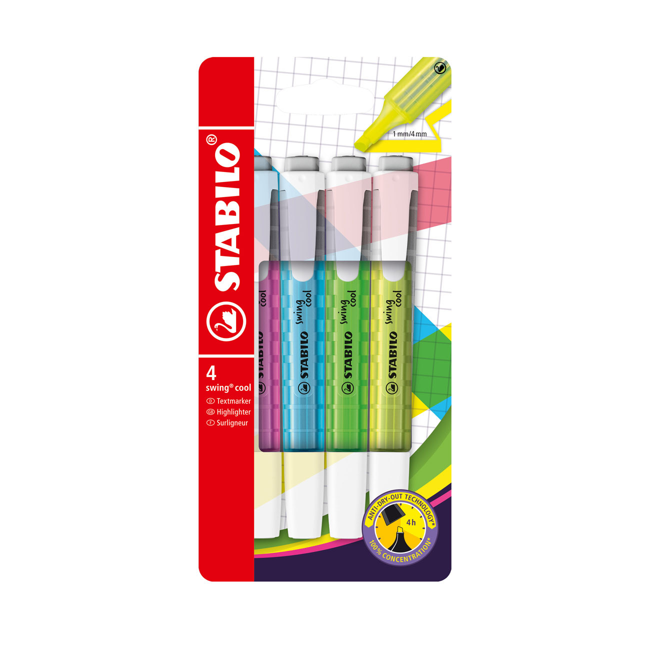 STABILO swing cool Surligneurs pointe biseautée 1 et 4 mm - Coloris assortis fluos - Etui de 4