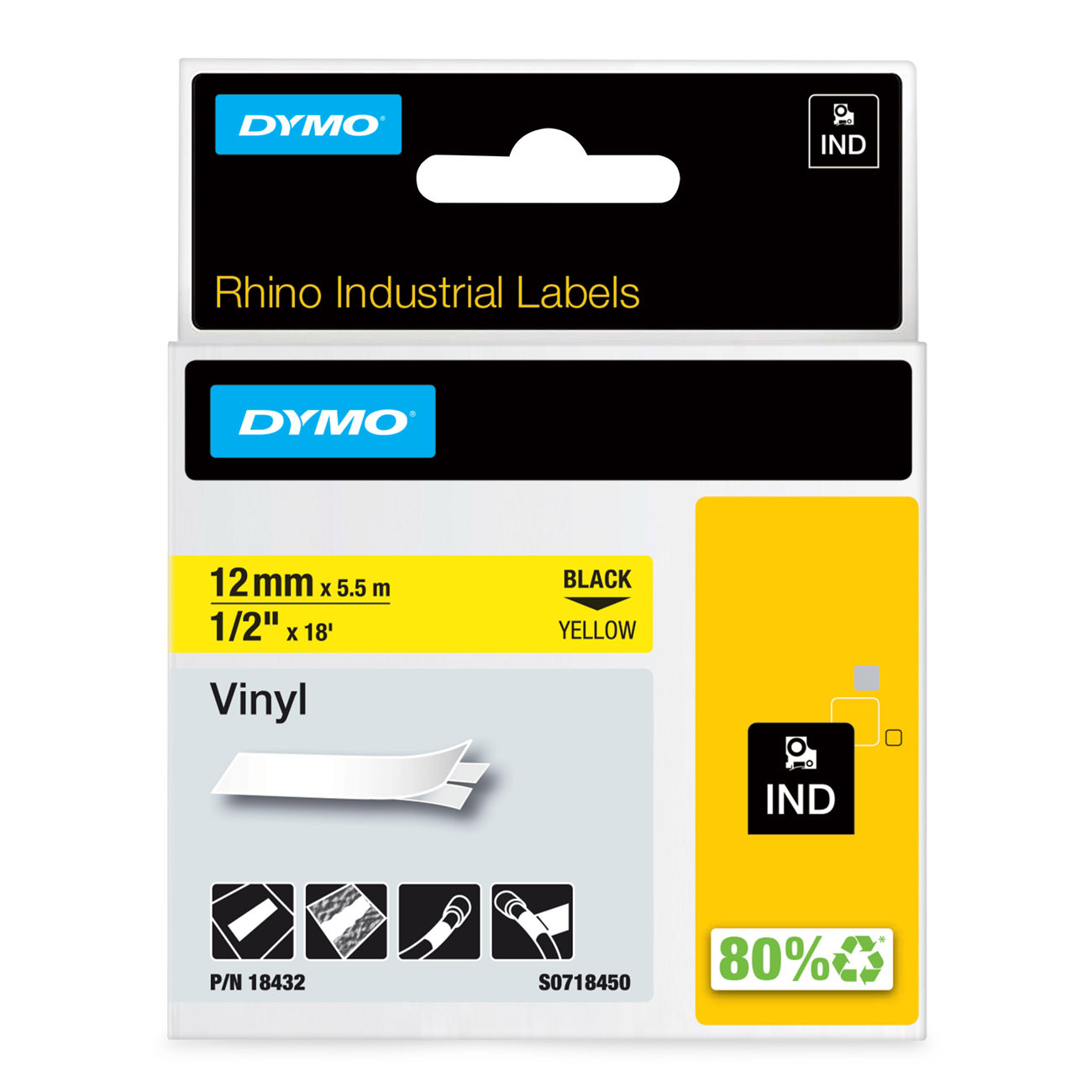 Ruban vinyle Dymo Rhino 12 mm noir jaune résistant UV chimiques