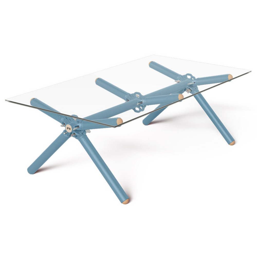 Table basse Xylan 6 personnes L. 140 x l. 75 x H. 50 cm - Plateau en verre - Structure et pieds bleu