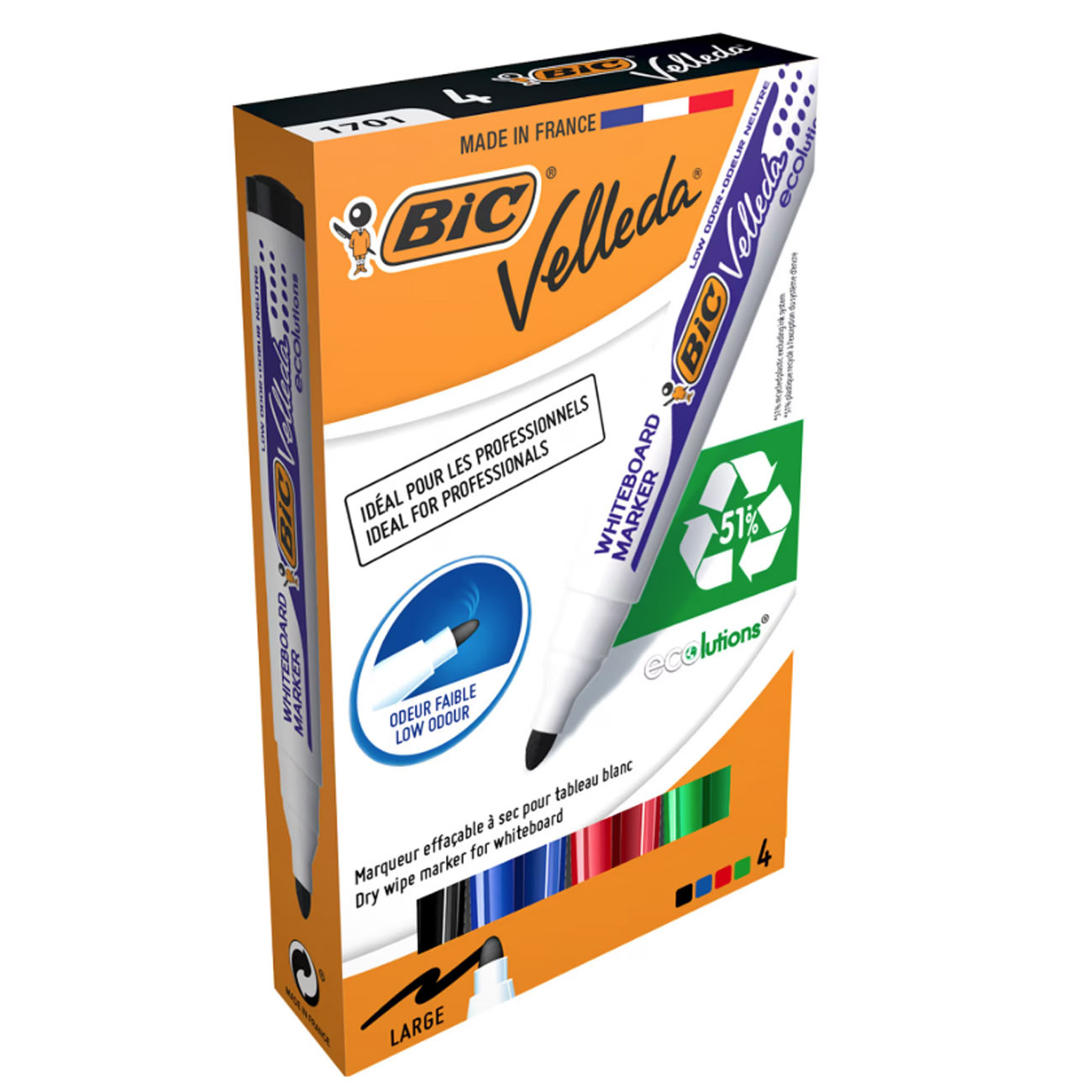 BIC Velleda 1701 ECOlutions Feutres pour Tableau Blanc Effaçables à Sec à Pointe Conique Large 1,5 mm - Marqueurs Couleurs Assorties, Etui Carton de 4