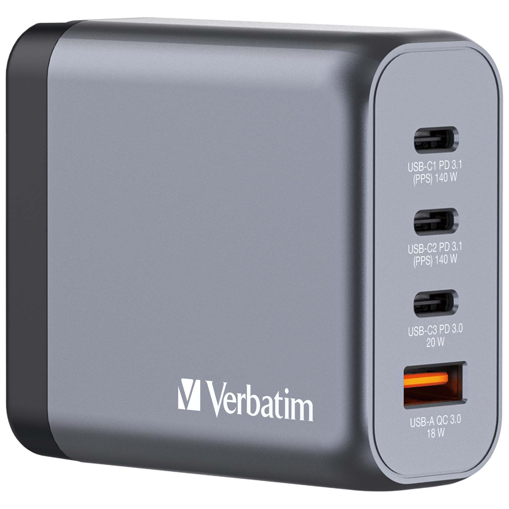 Verbatim Chargeur secteur 4 ports GAN - 1x USB-A et 3x USB-C Quick Charge Power Delivery 140W - Noir