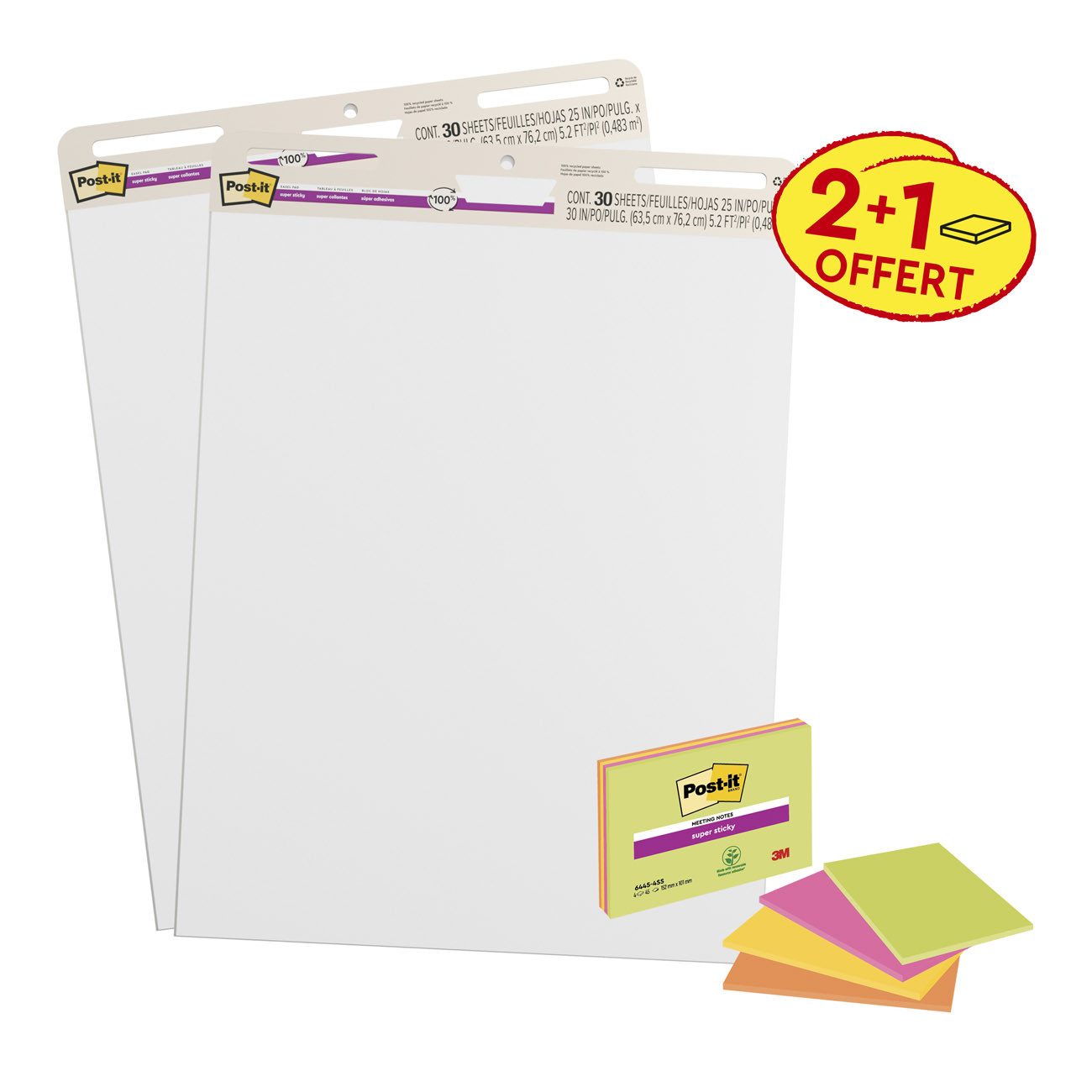 Post-it Notes repositionnables Meeting Charts Super Sticky Blanc 63,5 x 76,2 cm - 2 Blocs 30 feuilles + 4 blocs Meeting Notes offert