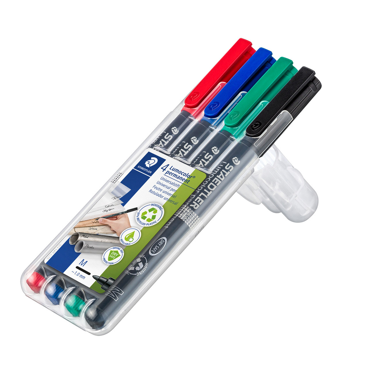STAEDTLER Lumocolor Marqueur permanent Lumocolor 317 pointe moyenne 1 mm  plastique recyclé à 97% - Etui de 4 assortis