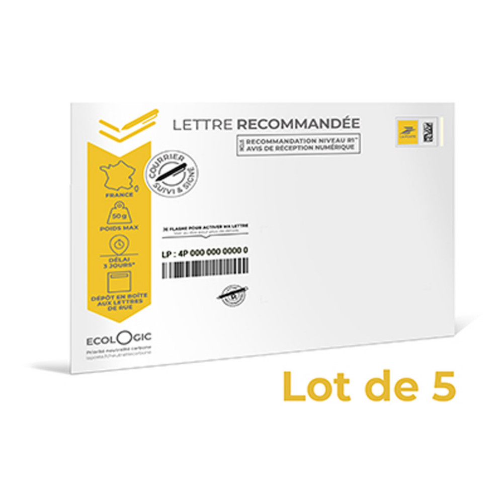 LA POSTE Enveloppe Prt  Poster - Lettre recommande 50g - 110 x 220 mm (DL) - Lot de 5