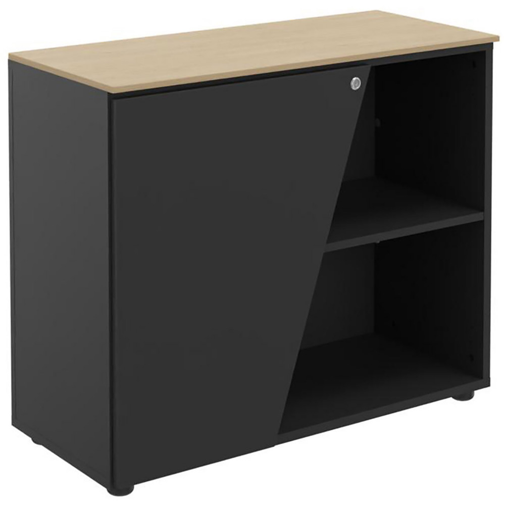 Armoire basse porte  gauche Rha - L. 90 x P. 40 x H. 76 cm - Plateau Chne - Porte Carbone